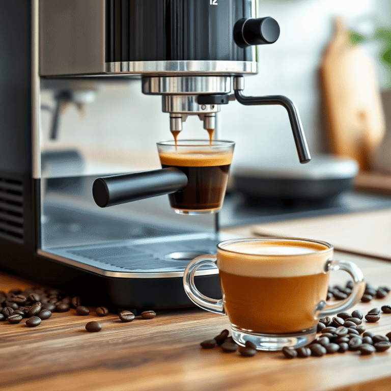 Espresso machine brewing dark espresso with crema, fresh coffee beans, and a steaming latte on a wooden kitchen counter in a cozy home setting.