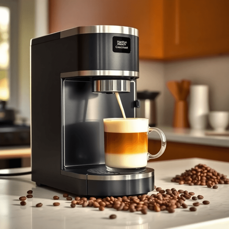 Hamilton Beach coffee machine brewing coffee on a countertop with coffee beans, set in a clean, modern kitchen with warm natural lighting.