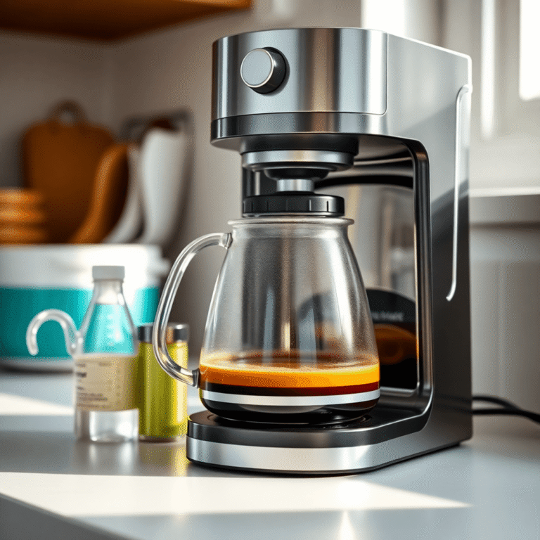Modern coffee machine with glass carafe of brewed coffee, vinegar bottle, and measuring cup on kitchen counter in soft natural light.