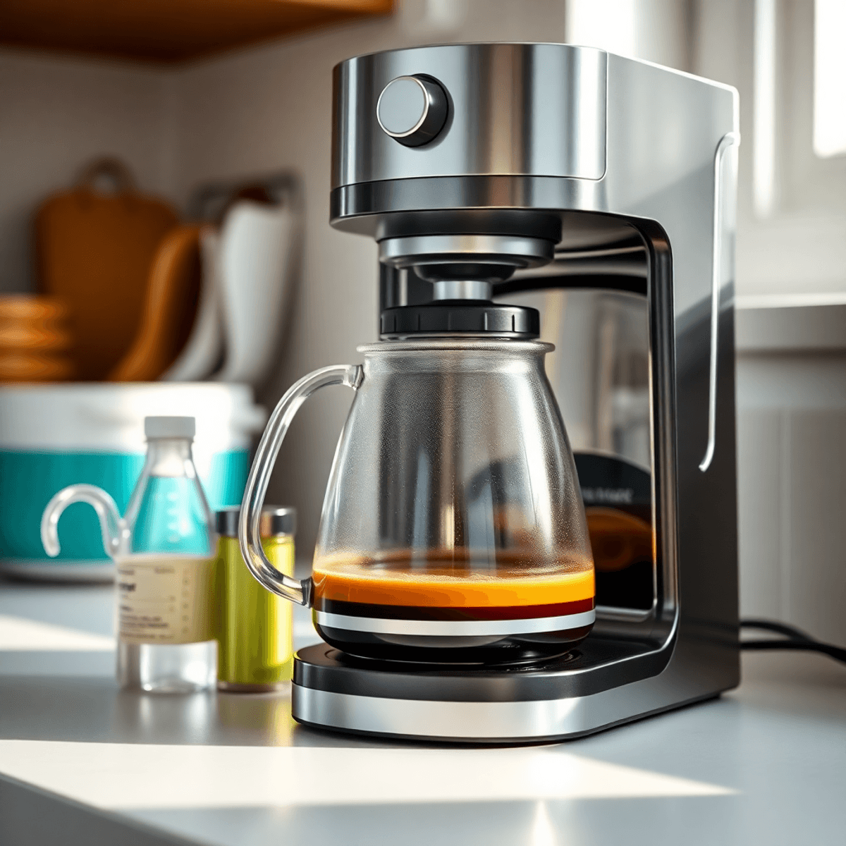 Modern coffee machine with glass carafe of brewed coffee, vinegar bottle, and measuring cup on kitchen counter in soft natural light.