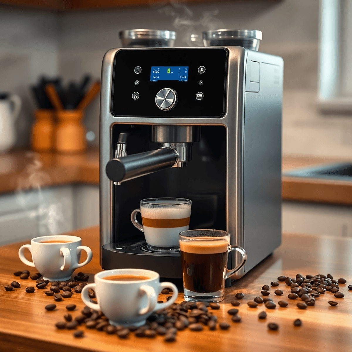 Modern espresso machine on countertop with fresh espresso cups, scattered coffee beans, and steam rising, creating a warm, inviting kitchen scene.