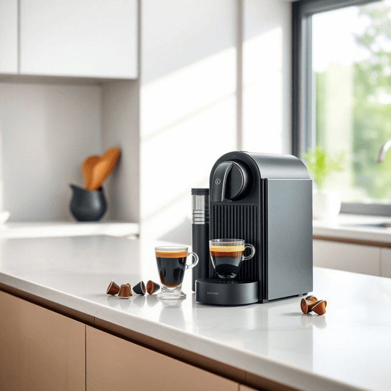 Modern kitchen countertop with a Nespresso machine, coffee capsules, and a steaming espresso cup in a bright, inviting setting.