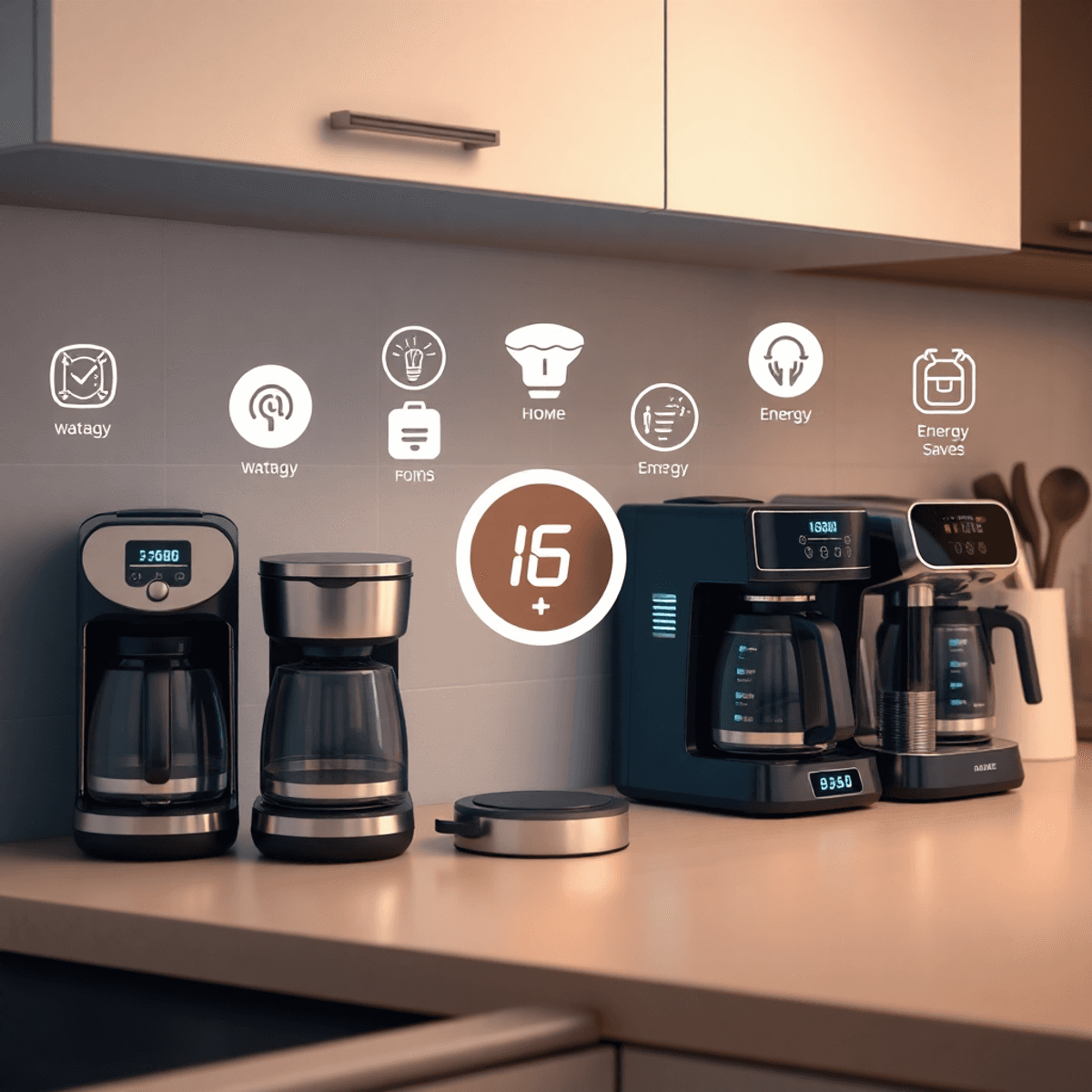 Modern kitchen countertop with coffee machines, wattage labels, energy-saving icons, and glowing electric meter representing power consumption and ...