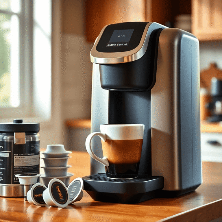 Modern single-serve coffee machine brewing coffee on countertop with pods and manual brewer, warm natural light highlighting rich coffee color.