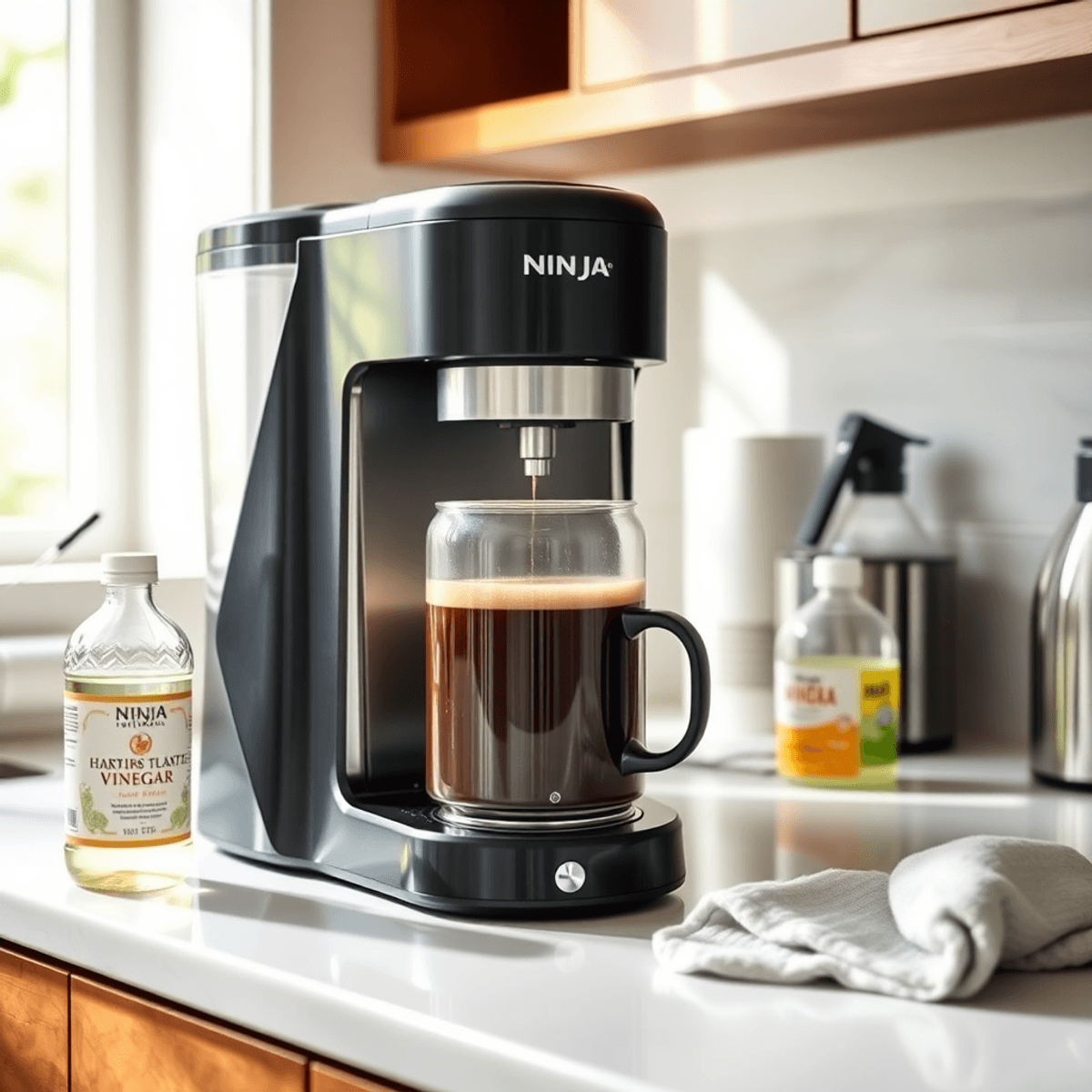 Ninja coffee machine brewing coffee on a kitchen counter with natural cleaning supplies and sunlight highlighting the shiny appliance.