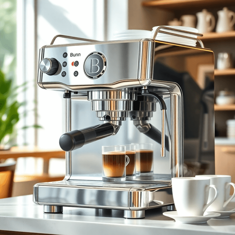 Shiny Bunn coffee machine brewing fresh coffee with cups nearby and steam rising in a bright, modern café setting.