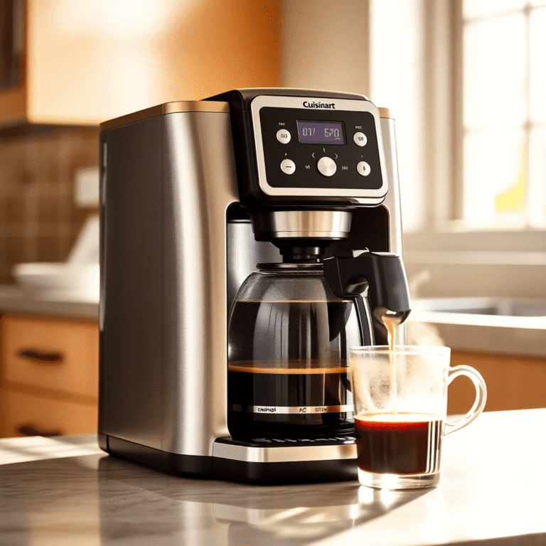 Sleek Cuisinart coffee machine on kitchen counter with steaming coffee cup, warm morning light highlighting programmable display and buttons.