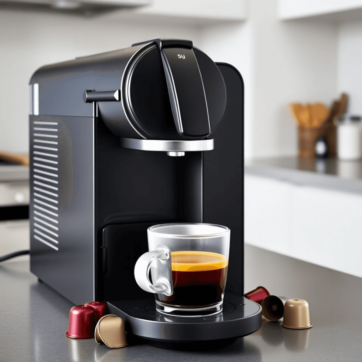 Sleek Nespresso coffee machine with water tank and capsules, next to a freshly brewed espresso cup on a modern kitchen countertop.