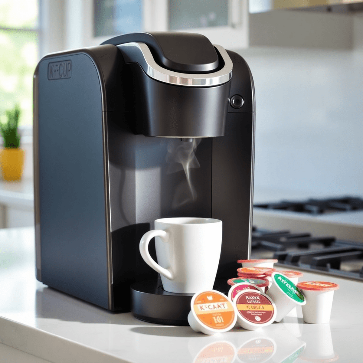 A modern K-Cup coffee machine brewing with steam, colorful pods on a clean kitchen countertop in bright natural light.