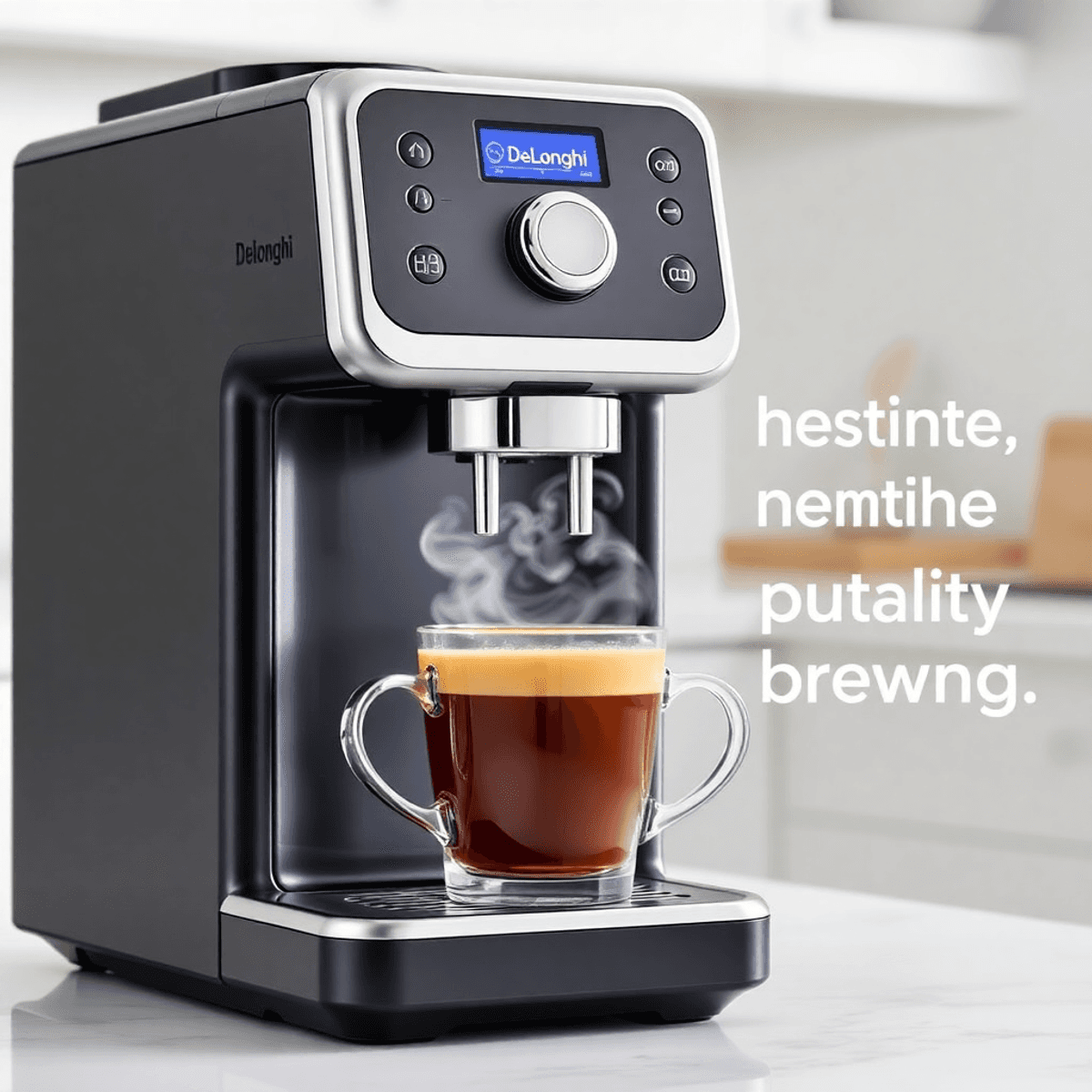 A sleek DeLonghi coffee machine with steam rising from a fresh cup, set in a clean kitchen, highlighting quality brewing and maintenance.