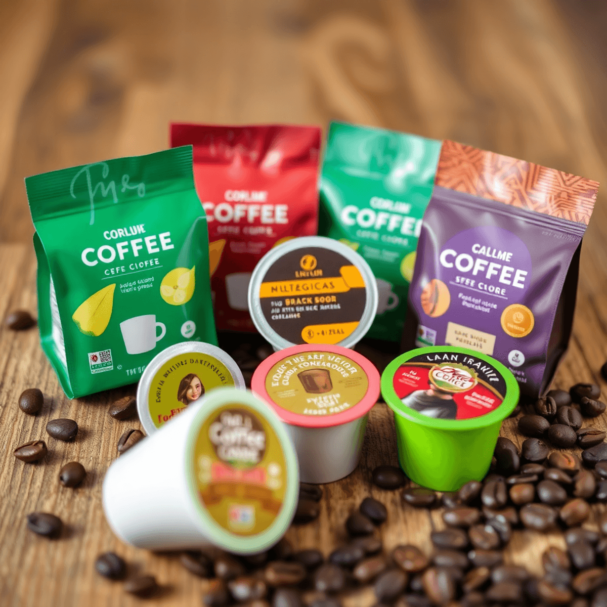 Close-up of colorful coffee pods on a wooden surface with scattered coffee beans, showcasing freshness and convenience.