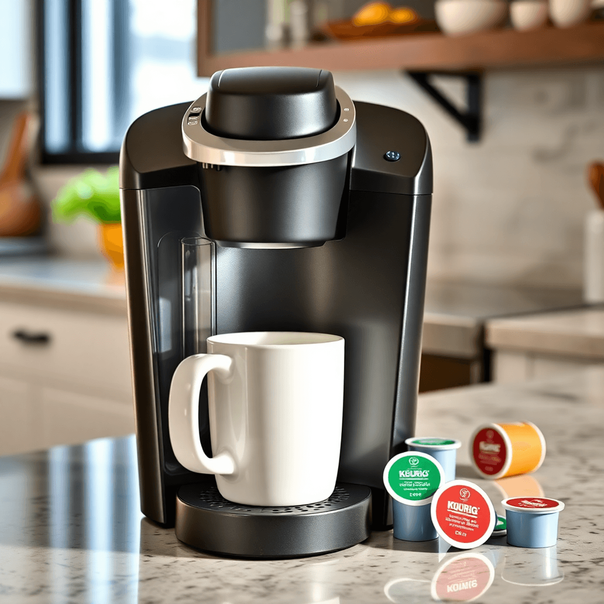 Sleek Keurig coffee machine on modern kitchen countertop with water reservoir and K-Cup pods, bright and inviting setting.